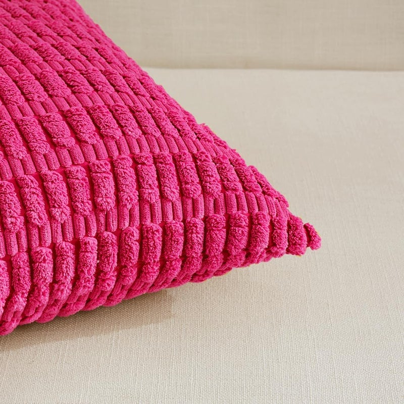 Fancy Homi 2 Packs Hot Pink Decorative Throw Pillow Covers 18x18 Inch for Living Room Couch Bed Sofa, Rustic Farmhouse Boho Home Decor, Soft Striped Fuschia Corduroy Square Cushion Case 45x45 cm - Image 4