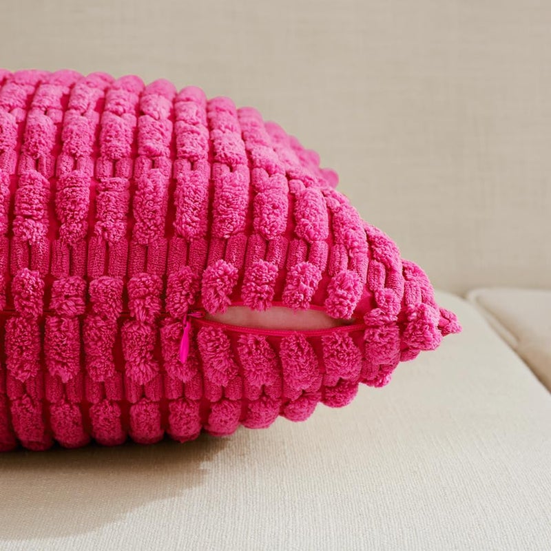 Fancy Homi 2 Packs Hot Pink Decorative Throw Pillow Covers 18x18 Inch for Living Room Couch Bed Sofa, Rustic Farmhouse Boho Home Decor, Soft Striped Fuschia Corduroy Square Cushion Case 45x45 cm - Image 3