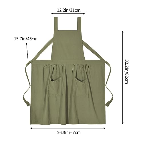 Pinknoke Cotton Linen Pinafore Apron Dress for Women with Pockets Cute Art Chef Aprons for Kitchen Baking Gardening Painting (Olive Green) - Image 5