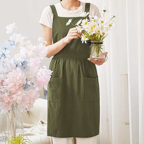 Pinknoke Cotton Linen Pinafore Apron Dress for Women with Pockets Cute Art Chef Aprons for Kitchen Baking Gardening Painting (Olive Green) - Image 3