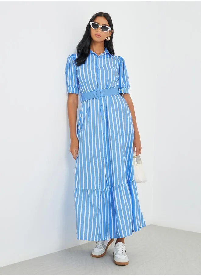 تايك تو Take Two Striped Puff Sleeve Buttoned Maxi Dress