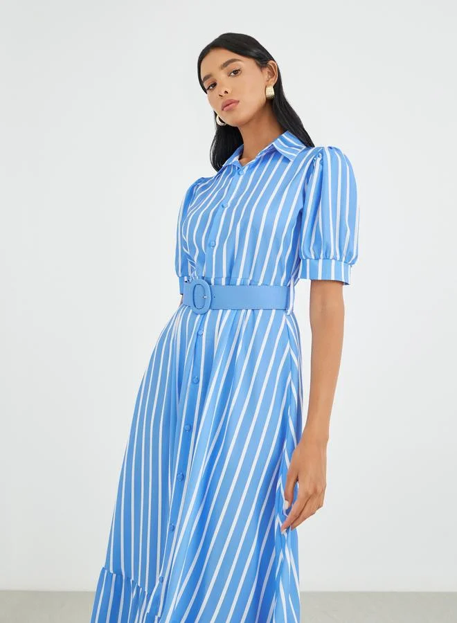 Take Two Take Two Striped Puff Sleeve Buttoned Maxi Dress
