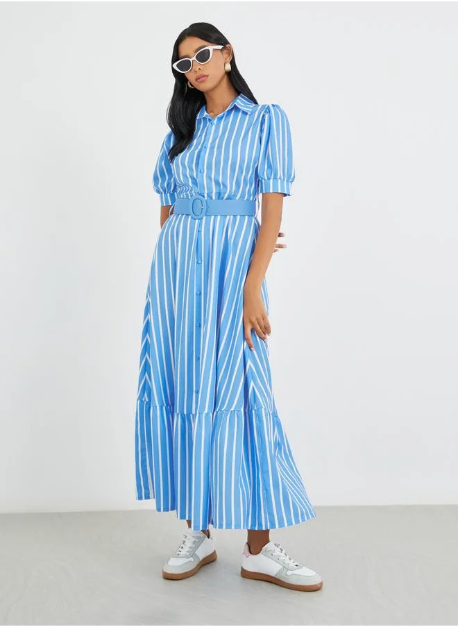 تايك تو Take Two Striped Puff Sleeve Buttoned Maxi Dress