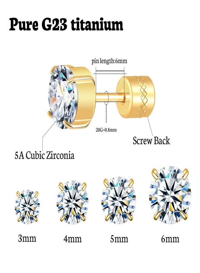Hopply Hypoallergenic G23 Pure Titanium Earrings for Women Men,20G Implant Grade Flatback 5A Cubic Zirconia Earrings Studs for Sensitive Ears Jewelry Gift (Gold+White CZ, 5mm) - Image 2