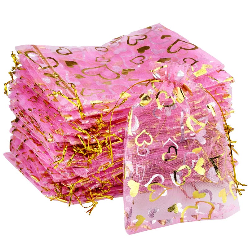 100PCS Heart Printed Organza Bags Gift Jewelry Candy Bags for Wedding Valentines Day Mothers Day Party Christmas 5x7Inch
