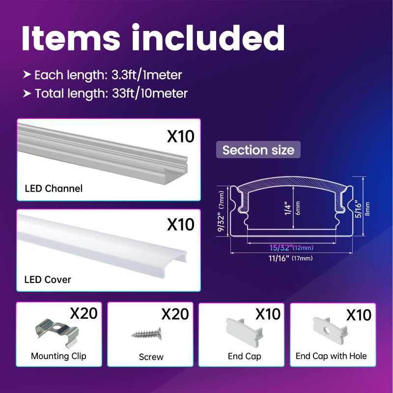Muzata 10Pack 3.3FT/1M LED Channel Aluminum U Shape Silver LED Strip Diffuser Channel with Milky White Cover Easy Installation U1SW WW 1M - Image 2
