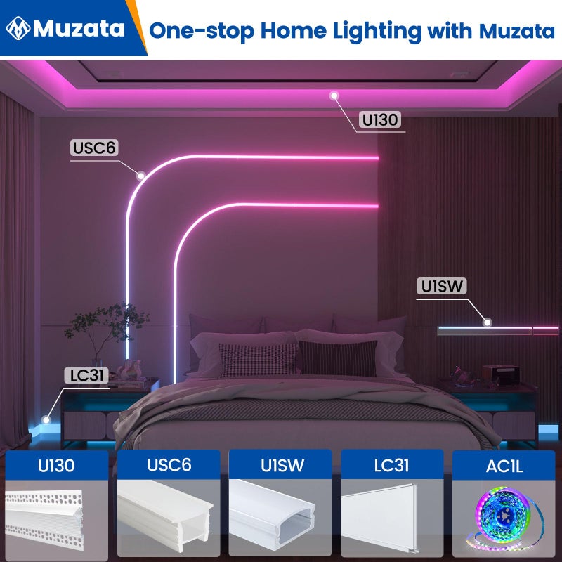 Muzata 10Pack 3.3FT/1M LED Channel Aluminum U Shape Silver LED Strip Diffuser Channel with Milky White Cover Easy Installation U1SW WW 1M - Image 5