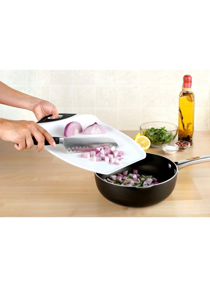 Dexas Chop & Scoop Cutting Board, 9.5 by 13 inches, White with Black Handle - Image 3