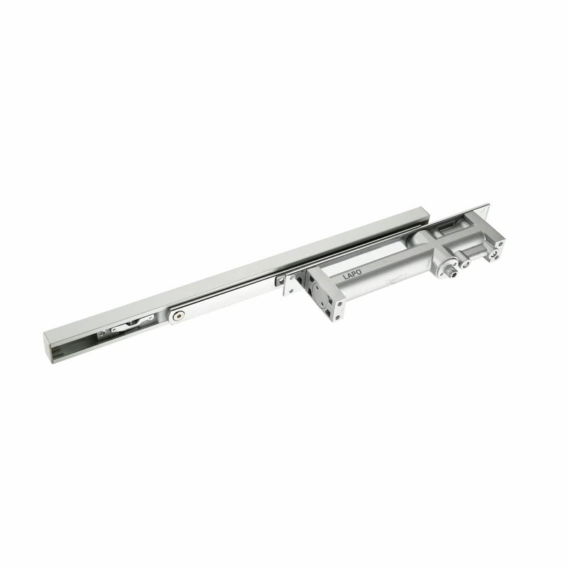 LAPO قفل باب هيدروليكي أوتوماتيكي مزدوج السرعة من الألمنيوم 32 مم مخفي مع ذراع بيلميت لقفل الأبواب الخشبية مع مجموعة تركيب لجميع أوزان الأبواب حتى 60 إلى 80 كجم بتشطيب فضي - Image 1