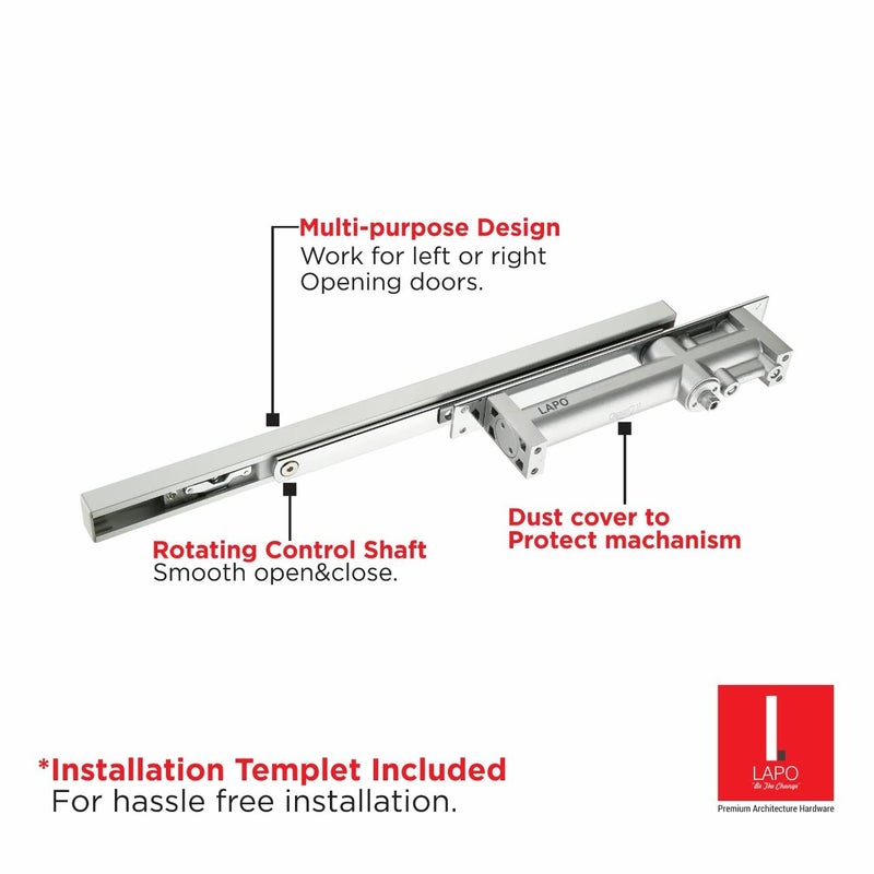 LAPO قفل باب هيدروليكي أوتوماتيكي مزدوج السرعة من الألمنيوم 32 مم مخفي مع ذراع بيلميت لقفل الأبواب الخشبية مع مجموعة تركيب لجميع أوزان الأبواب حتى 60 إلى 80 كجم بتشطيب فضي - Image 4