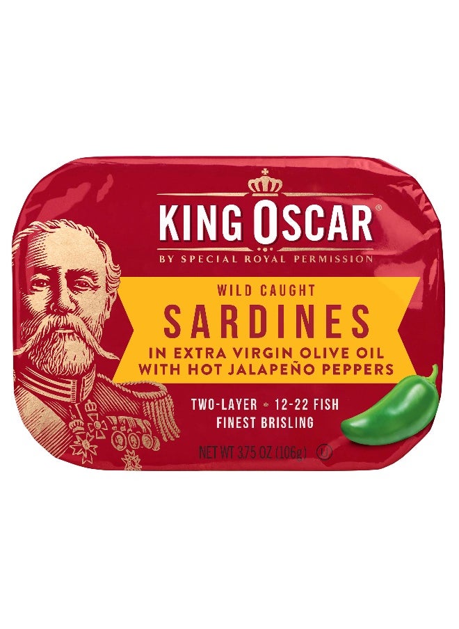KING OSCAR King Oscar, Wild Caught Sardine, In Extra Virgin Olive Oil with Hot Jalapeno Peppers, Hot, Two Layer, 3.75 oz (106 g)  - Image 1