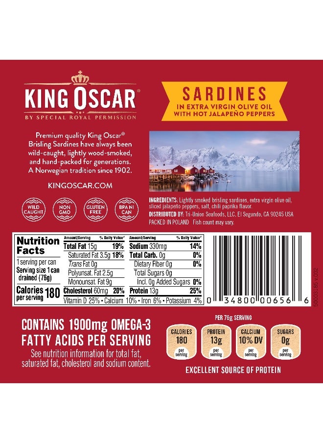 KING OSCAR King Oscar, Wild Caught Sardine, In Extra Virgin Olive Oil with Hot Jalapeno Peppers, Hot, Two Layer, 3.75 oz (106 g)  - Image 2