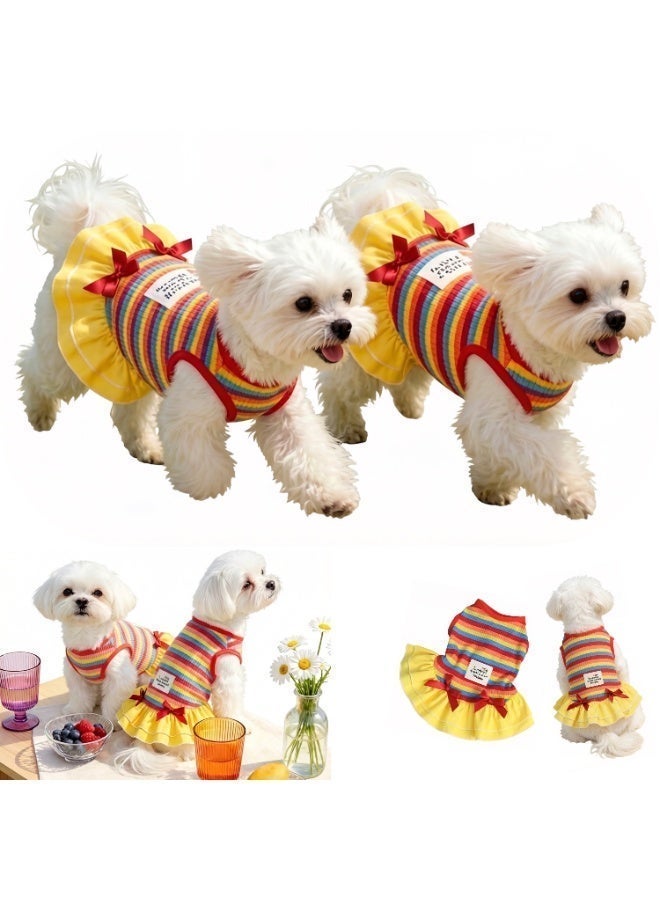 Festive Multi-Color Rainbow Pet Dress with Red Bows - Vibrant Yellow&Red Ruffled Party Skirt for Dogs & Cats, Cute Holiday Puppy Outfit, Picnic-Ready Pet Apparel, Size S - Image 4