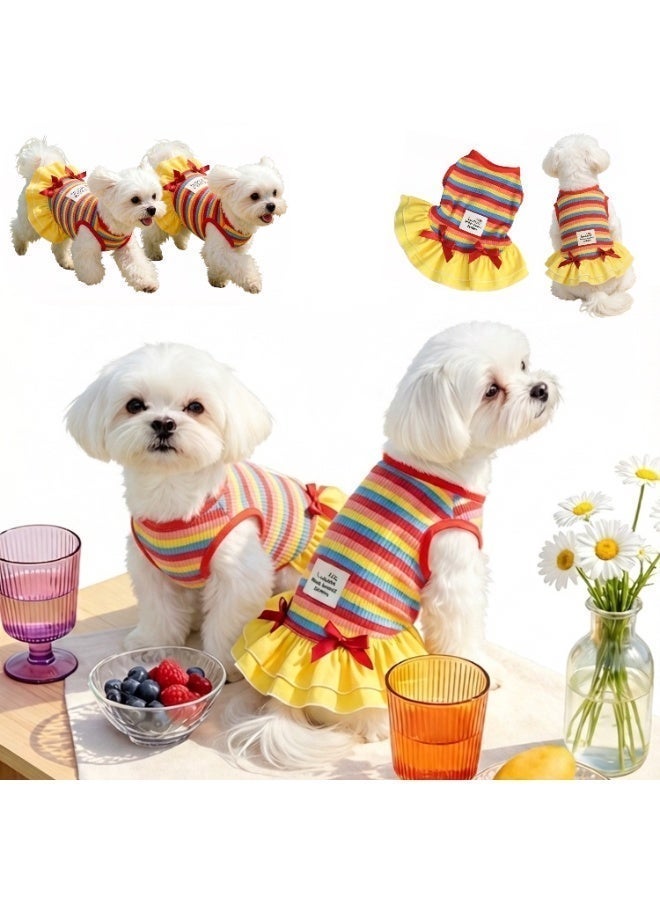 Festive Multi-Color Rainbow Pet Dress with Red Bows - Vibrant Yellow&Red Ruffled Party Skirt for Dogs & Cats, Cute Holiday Puppy Outfit, Picnic-Ready Pet Apparel, Size S - Image 5