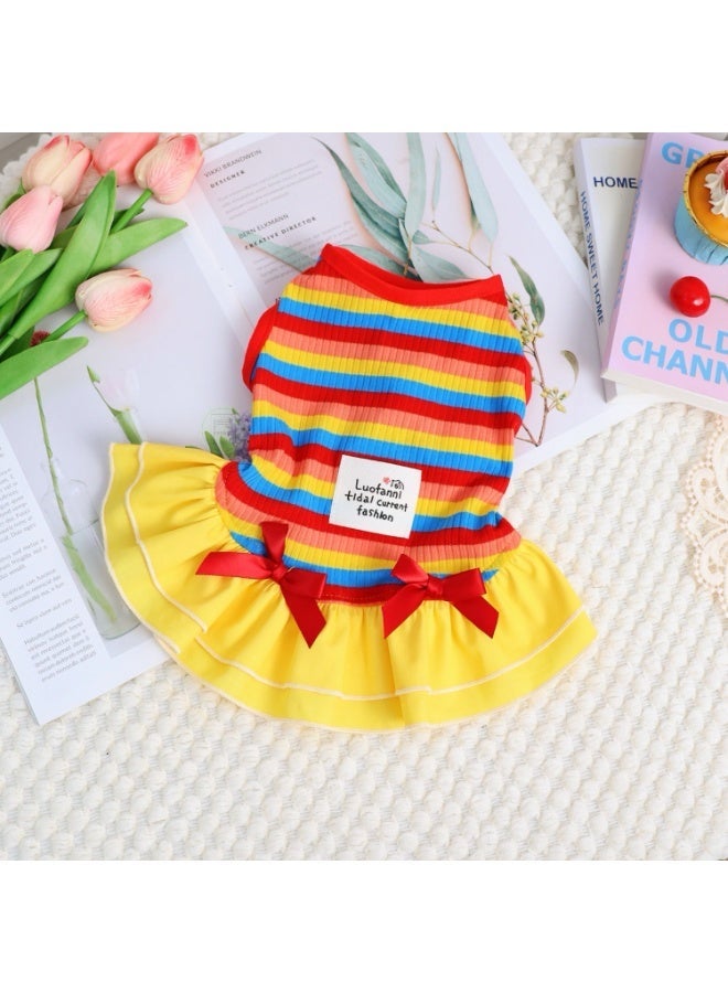 Festive Multi-Color Rainbow Pet Dress with Red Bows - Vibrant Yellow&Red Ruffled Party Skirt for Dogs & Cats, Cute Holiday Puppy Outfit, Picnic-Ready Pet Apparel, Size S - Image 1