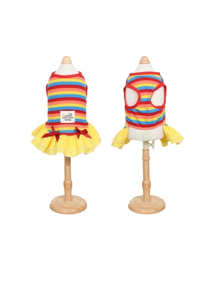 Festive Multi-Color Rainbow Pet Dress with Red Bows - Vibrant Yellow&Red Ruffled Party Skirt for Dogs & Cats, Cute Holiday Puppy Outfit, Picnic-Ready Pet Apparel, Size S - Image 3