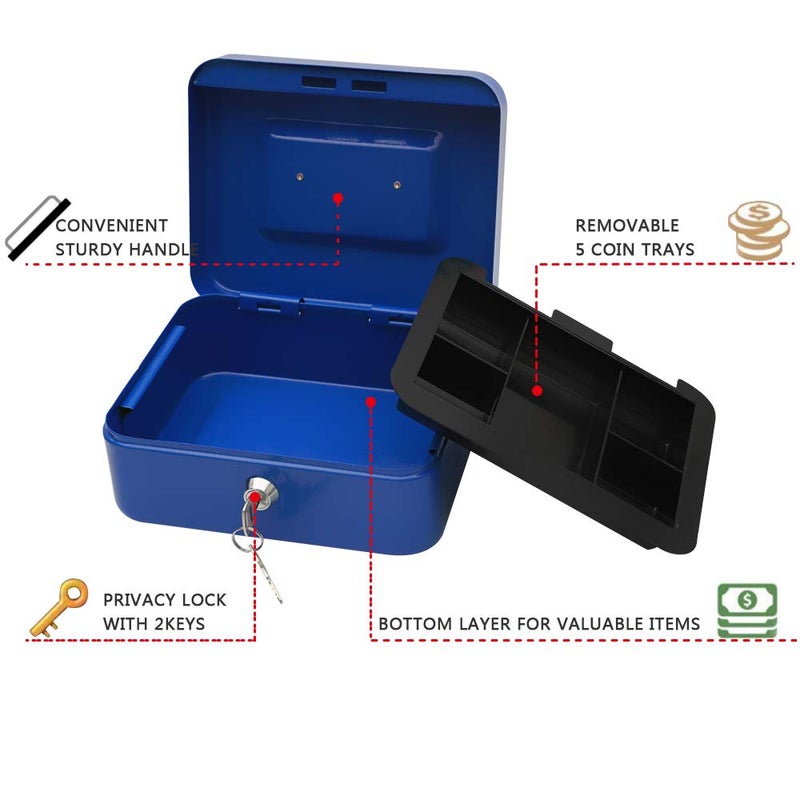KYODOLED Cash Box with Money Tray,Storage Safe Lock Box with Key,Cash Drawer,7.87"x 6.30"x 3.54" Blue Medium - Image 2