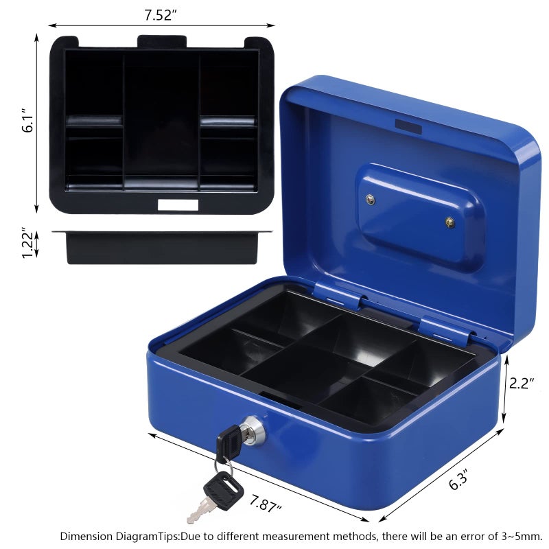 KYODOLED Cash Box with Money Tray,Storage Safe Lock Box with Key,Cash Drawer,7.87"x 6.30"x 3.54" Blue Medium - Image 4