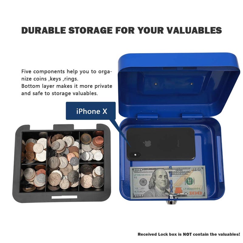 KYODOLED Cash Box with Money Tray,Storage Safe Lock Box with Key,Cash Drawer,7.87"x 6.30"x 3.54" Blue Medium - Image 3