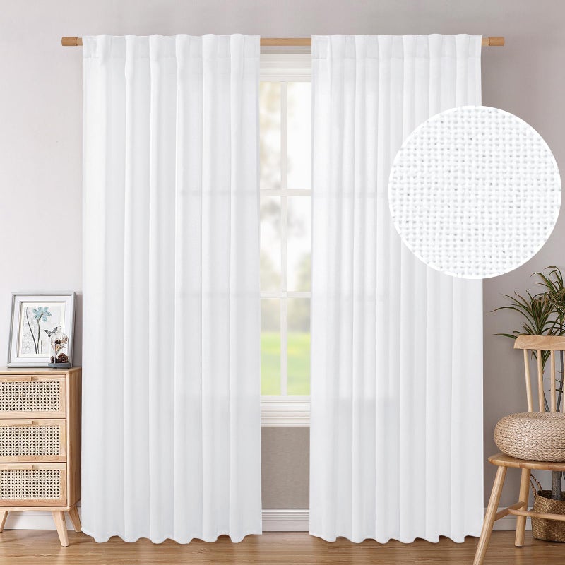 BGment Linen Curtains 84 Inch Length 2 Panels Rod Pocket Light Filtering White Window Drapes for Living Room Bedroom Privacy Lightweight Back Tab  52 Inch Wide Each Panel - Image 1