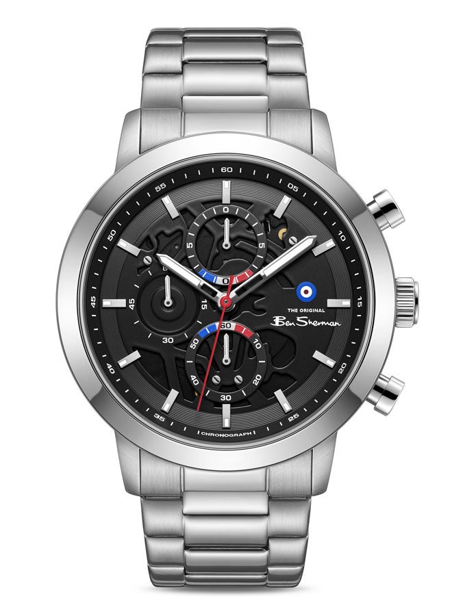 Ben Sherman Nottingham Black Dial Silver Genuine Leather Strap Chronograph Watch for Men, 44mm - Image 1