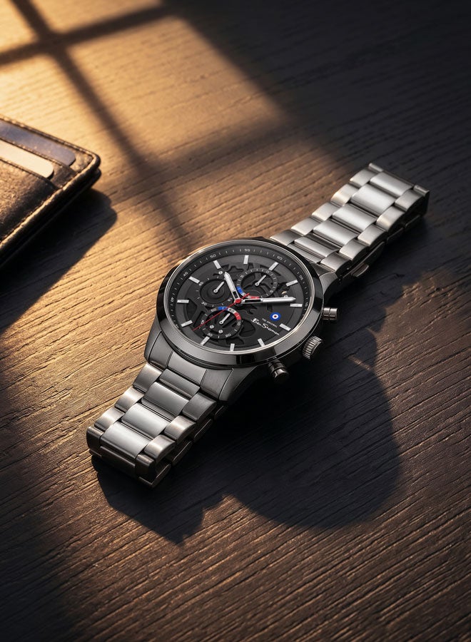 Ben Sherman Nottingham Black Dial Silver Genuine Leather Strap Chronograph Watch for Men, 44mm - Image 4
