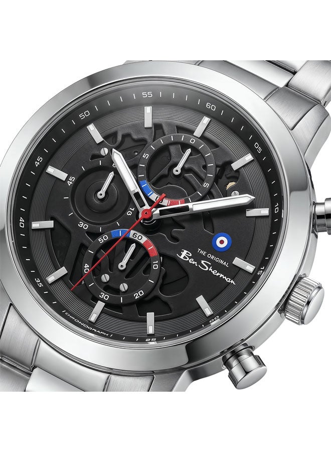 Ben Sherman Nottingham Black Dial Silver Genuine Leather Strap Chronograph Watch for Men, 44mm - Image 2