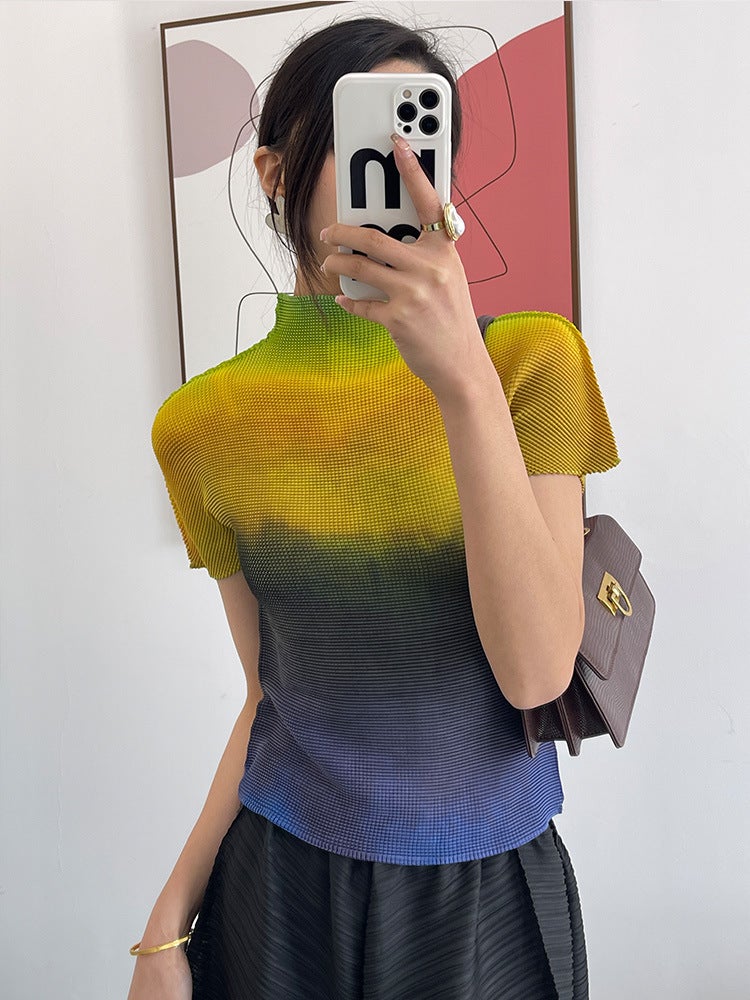 Gradient Color Short-Sleeved T-Shirt for Women Summer New Half Turtleneck Pleated Top Women's Thin T-Shirt Miyake Ins Trend - Image 2