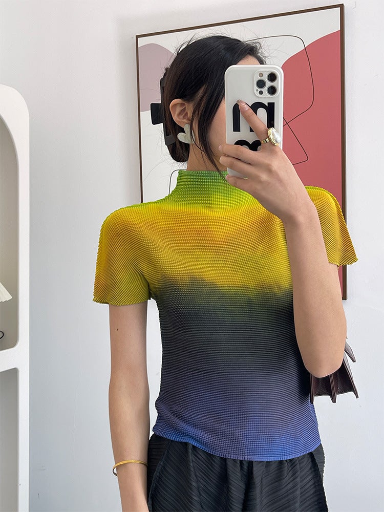 Gradient Color Short-Sleeved T-Shirt for Women Summer New Half Turtleneck Pleated Top Women's Thin T-Shirt Miyake Ins Trend - Image 3