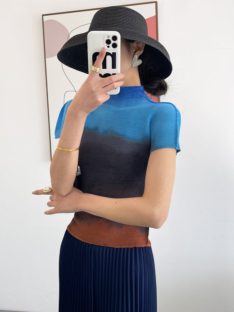 Gradient Color Short-Sleeved T-Shirt for Women Summer New Half Turtleneck Pleated Top Women's Thin T-Shirt Miyake Ins Trend - Image 5