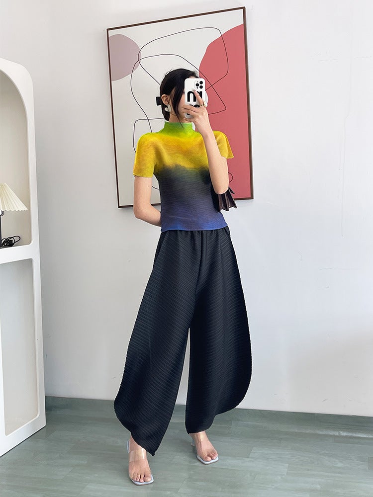 Gradient Color Short-Sleeved T-Shirt for Women Summer New Half Turtleneck Pleated Top Women's Thin T-Shirt Miyake Ins Trend - Image 4