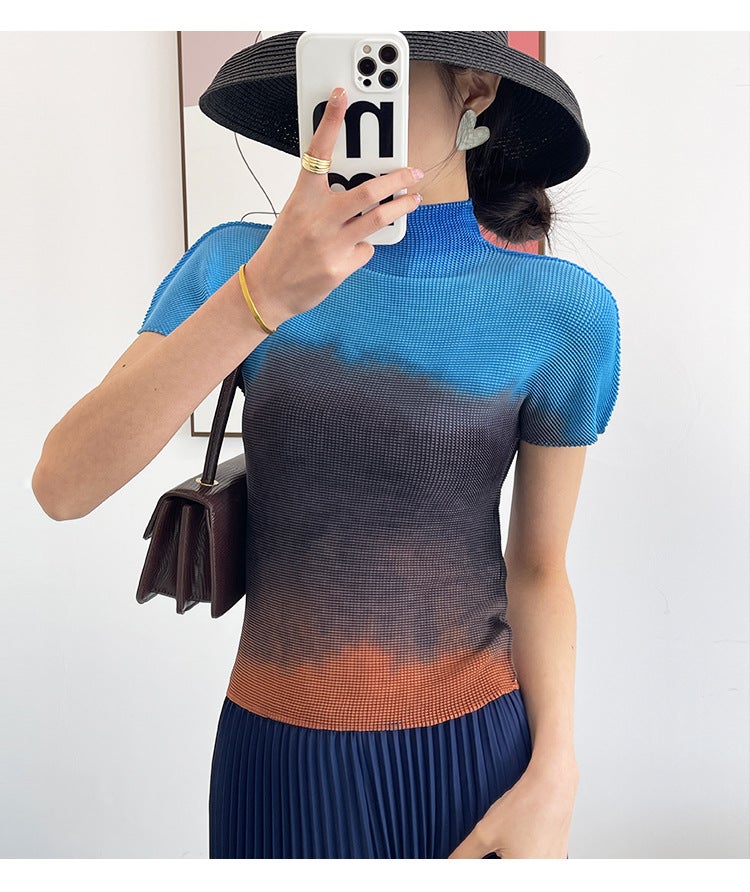 Gradient Color Short-Sleeved T-Shirt for Women Summer New Half Turtleneck Pleated Top Women's Thin T-Shirt Miyake Ins Trend - Image 1
