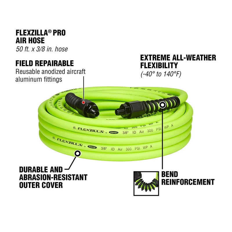 Flexzilla Pro Air Hose, 3/8 in. x 50 ft., Heavy Duty, Lightweight, Hybrid, ZillaGreen - HFZP3850YW2 - Image 3