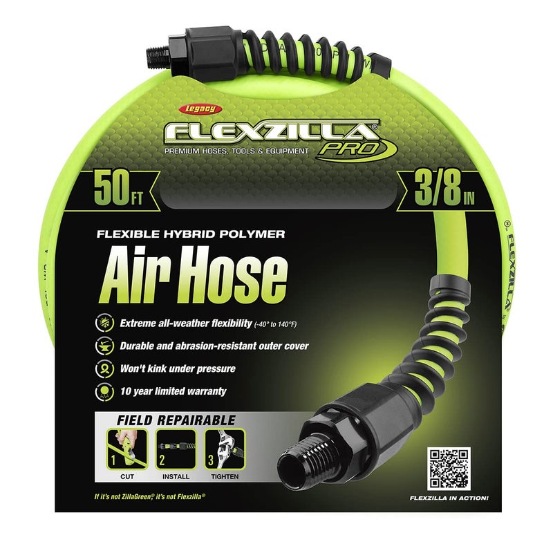 Flexzilla Pro Air Hose, 3/8 in. x 50 ft., Heavy Duty, Lightweight, Hybrid, ZillaGreen - HFZP3850YW2 - Image 2