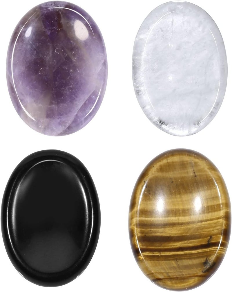 mookaitedecor Oval Shape Thumb Worry Stone Pack of 4, Polished Pocket Palm Gemstone for Anxiety Crystal Therapy Meditation Balancing, Amethyst+Rock Quartz+Tiger's Eye+Black Obsidian