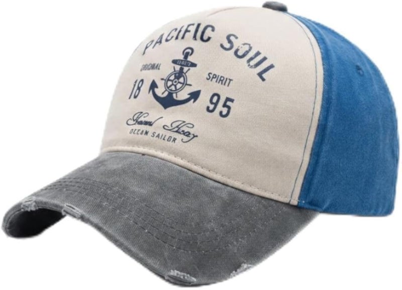 Pacific Soul Navy Vintage Baseball Cap – Tricolor Washed Denim Effect – Cotton Blend Material – Adjustable Snapback – Unisex – N-Welt
