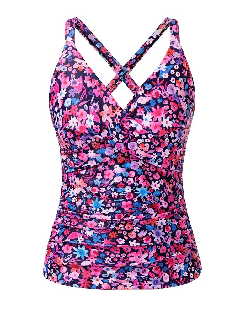 Tempt Me Women Underwire Tankini Top Only - Twist Front V Neck Bathing Suit Swim Top Tummy Control Cross Swimsuit 2026 Pink Flower L - Image 4