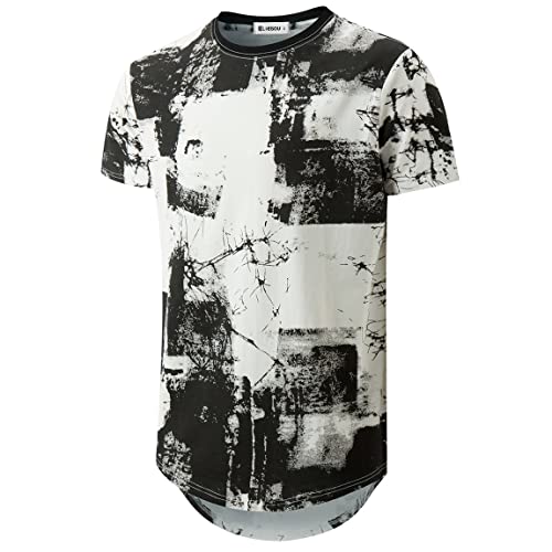 KLIEGOU Mens Hipster Hip Hop Ripped Round Hemline Pattern Print T Shirt 86 White M - Image 1