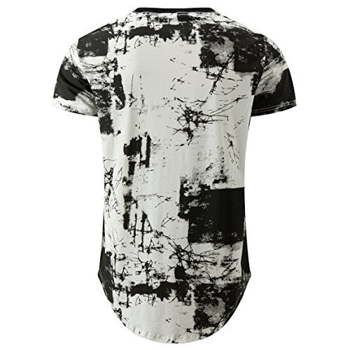 KLIEGOU Mens Hipster Hip Hop Ripped Round Hemline Pattern Print T Shirt 86 White M - Image 2