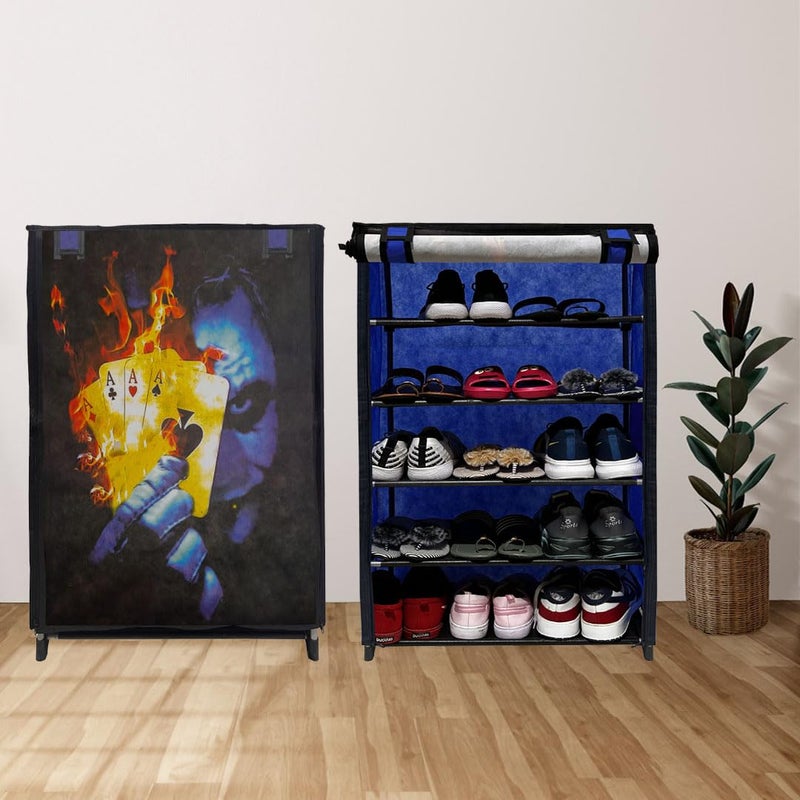 PHILOSHOP PHILOSHOP Multipurpose 5 Layer Joker Printed Storage Organizer with Cover Foldable Shoe Stand Shoe Cabinets Shoe Rack for Kids Dark Blue Blue Blue - Image 1