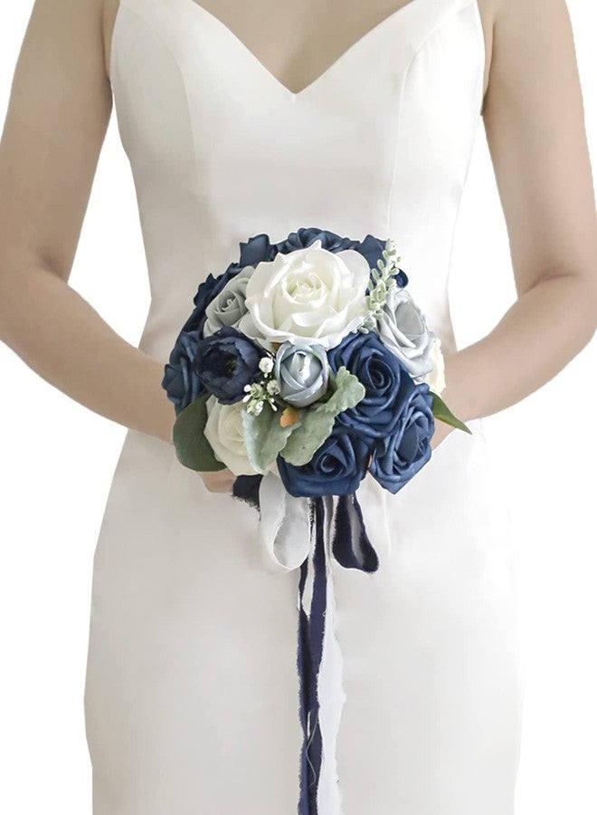 Lookein 7 Inch Wedding Bouquet Artificial Flowers Bouquet Bridesmaid Bouquet Bridal Bouquet Tossing Bouquet for Wedding Ceremony Bridal Shower, Classic Navy Blue - Image 1