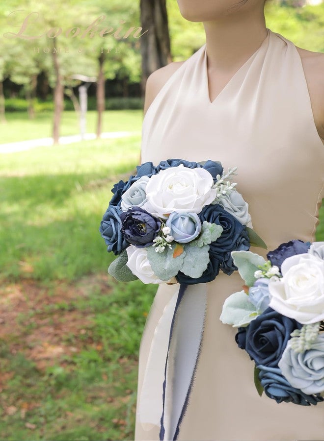 Lookein 7 Inch Wedding Bouquet Artificial Flowers Bouquet Bridesmaid Bouquet Bridal Bouquet Tossing Bouquet for Wedding Ceremony Bridal Shower, Classic Navy Blue - Image 3