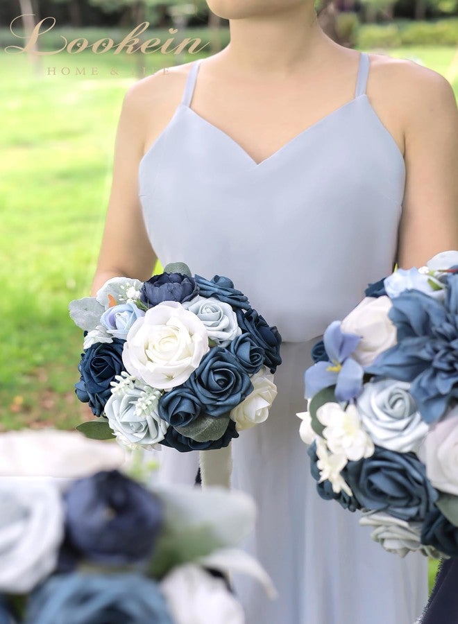 Lookein 7 Inch Wedding Bouquet Artificial Flowers Bouquet Bridesmaid Bouquet Bridal Bouquet Tossing Bouquet for Wedding Ceremony Bridal Shower, Classic Navy Blue - Image 2