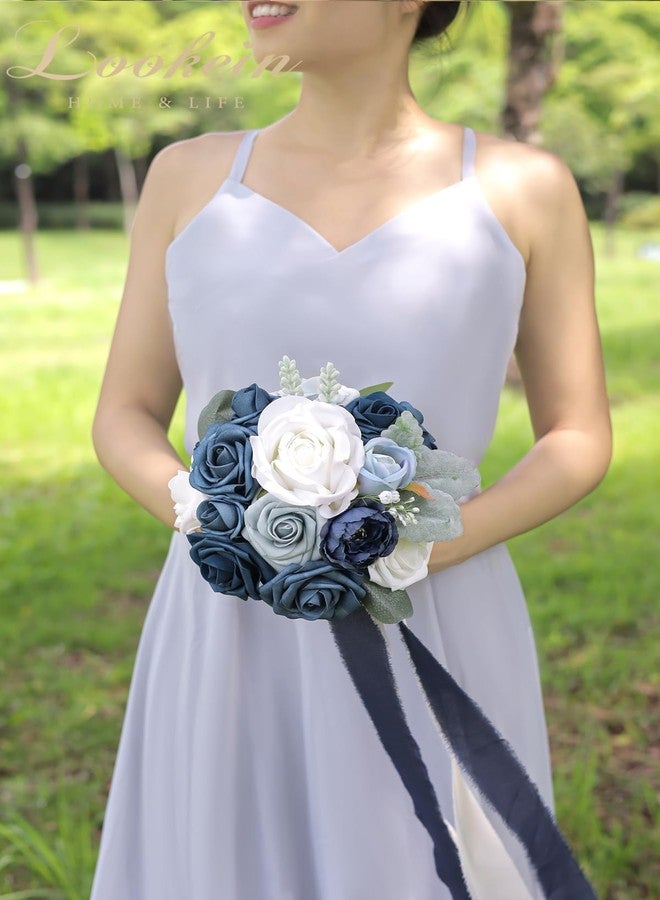 Lookein 7 Inch Wedding Bouquet Artificial Flowers Bouquet Bridesmaid Bouquet Bridal Bouquet Tossing Bouquet for Wedding Ceremony Bridal Shower, Classic Navy Blue - Image 4