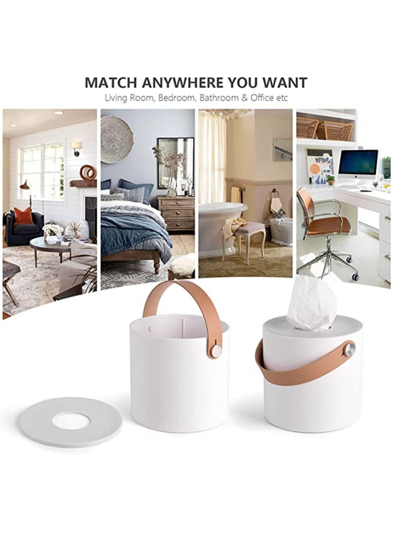 Tissue Box Holder, Tissue Dispenser Modern Round Plastic Box Cover Napkin Organizer with Leather Handles for Bathroom Vanity Tops, Dressers, Bedside Tables, Desks and Tables (White) - Image 5