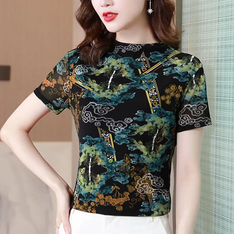 Middle-Aged Mother Large Size Sleeve Short Round Neck Thin Fashionable Stylish Printed All-Match Shirt Base-Shirt T-Shirt - Image 1