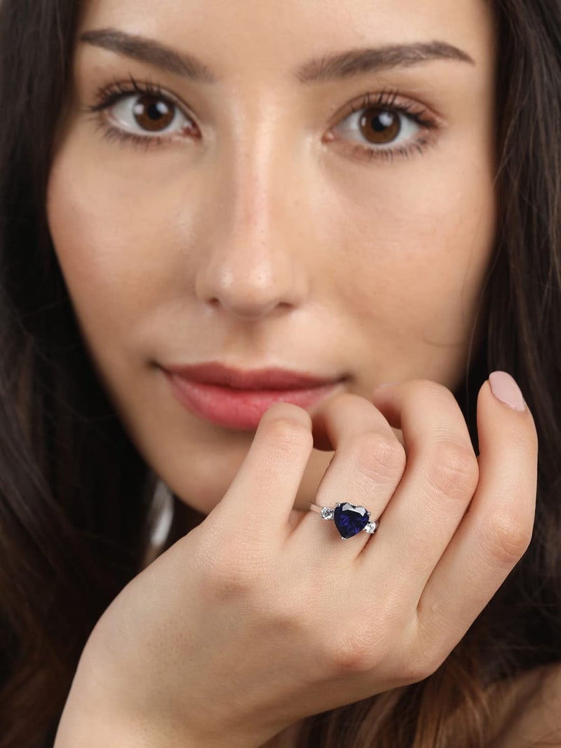 CLARA 925 Sterling Silver Royal Blue Heart Ring with Adjustable Band | Rhodium Plated, Swiss Zirconia | Gift for Women & Girls - Image 3