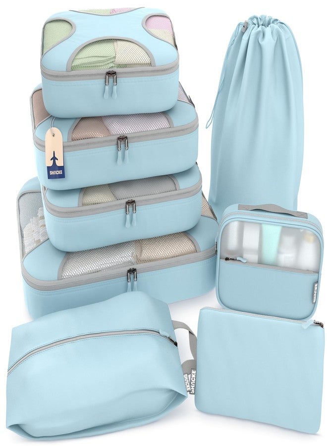 Shacke Premium 8 Packing Cubes Set - Lightweight Mesh Travel Luggage Organizers with Laundry Bag, 8-Piece Suitcase Storage System (Sky Blue) - Image 1
