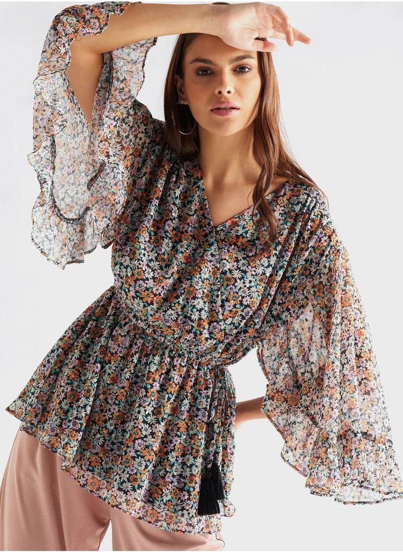 FAV Floral Print Drawstring Detail Top