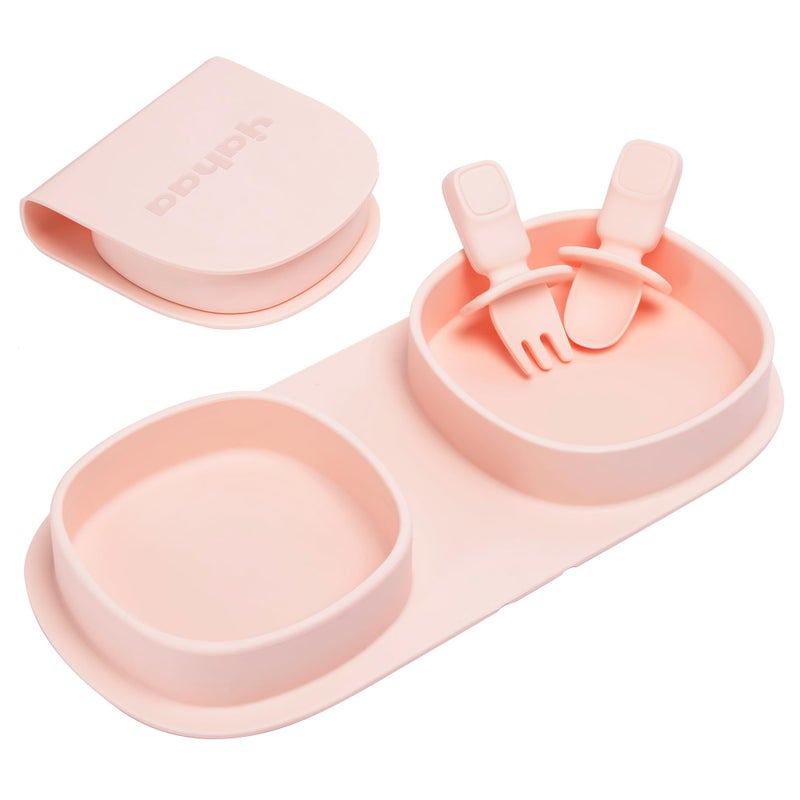 yahaa Silicone Foldable Novelty Dinner Plates,Baby Plates Travel Essential with Forks and Spoons,Microwave & Dishwasher Safe,Blush - Image 1